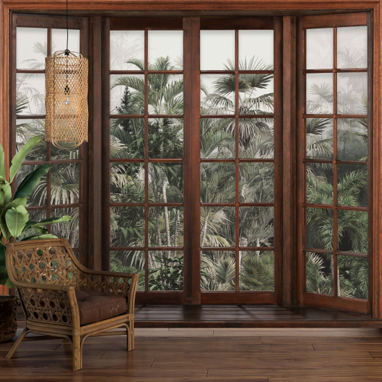 Optical Illusion Panoramic Wood Window Wall Mural / Wallpaper - Tropical Forest