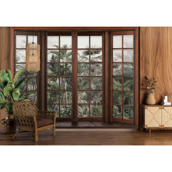 Optical Illusion Panoramic Wood Window Wall Mural / Wallpaper - Tropical Forest