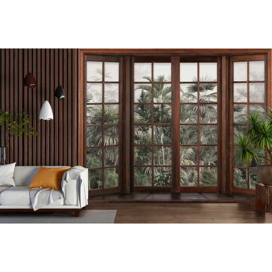 Optical Illusion Panoramic Wood Window Wall Mural / Wallpaper - Tropical Forest