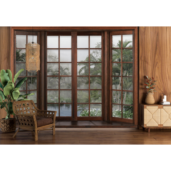 Optical Illusion Panoramic Wood Window Wall Mural / Wallpaper - Tropical Forest