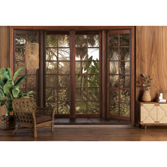 Optical Illusion Panoramic Wood Window Wall Mural / Wallpaper - Tropical Forest