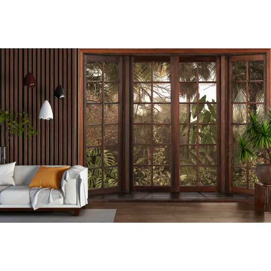 Optical Illusion Panoramic Wood Window Wall Mural / Wallpaper - Tropical Forest