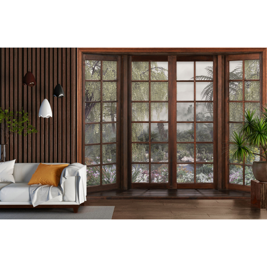 Optical Illusion Panoramic Wood Window Wall Mural / Wallpaper - Tropical Forest