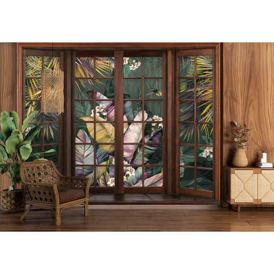 Optical Illusion Panoramic Wood Window Wall Mural / Wallpaper - Tropical plants