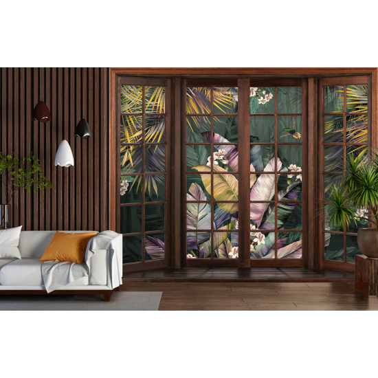 Optical Illusion Panoramic Wood Window Wall Mural / Wallpaper - Tropical plants