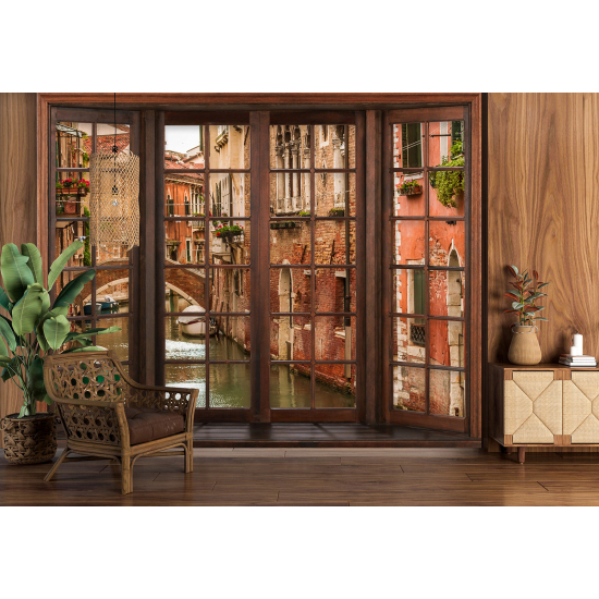 Optical Illusion Panoramic Wood Window Wall Mural / Wallpaper - Venice