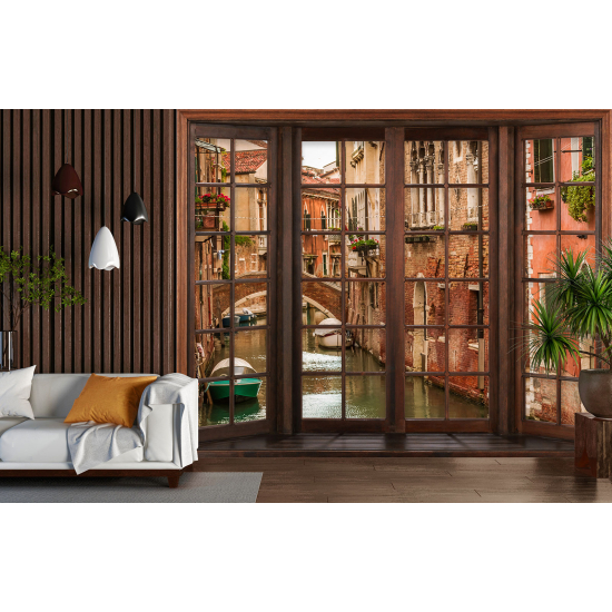 Optical Illusion Panoramic Wood Window Wall Mural / Wallpaper - Venice