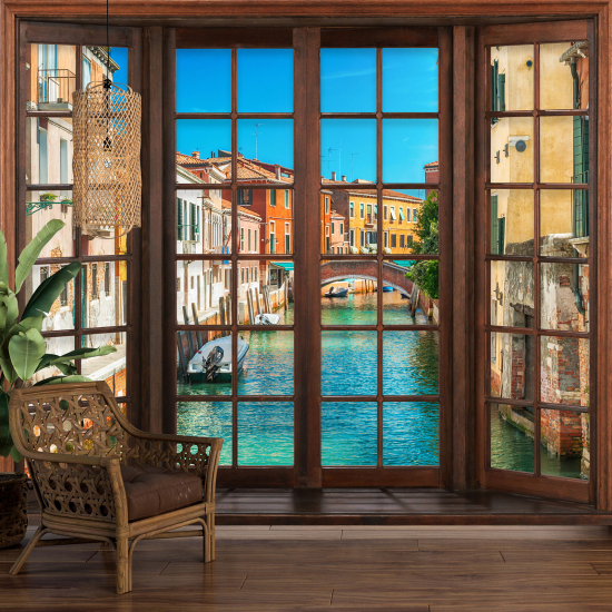 Optical Illusion Panoramic Wood Window Wall Mural / Wallpaper - Venice