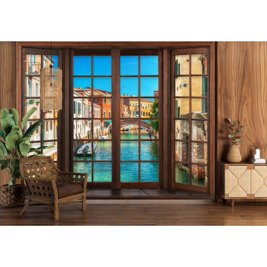 Optical Illusion Panoramic Wood Window Wall Mural / Wallpaper - Venice