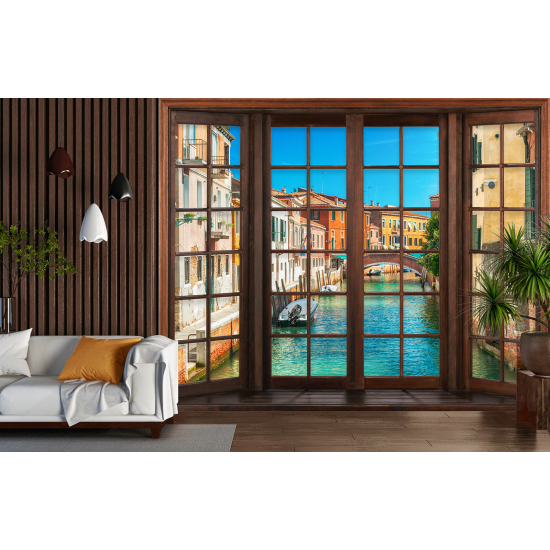 Optical Illusion Panoramic Wood Window Wall Mural / Wallpaper - Venice