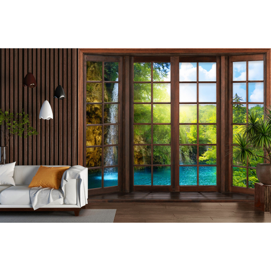 Optical Illusion Panoramic Wood Window Wall Mural / Wallpaper - Waterfall