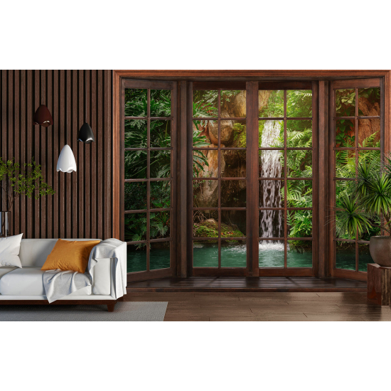 Optical Illusion Panoramic Wood Window Wall Mural / Wallpaper - Waterfall