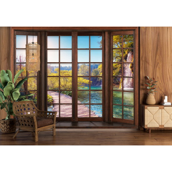 Optical Illusion Panoramic Wood Window Wall Mural / Wallpaper - Waterfall pontoon