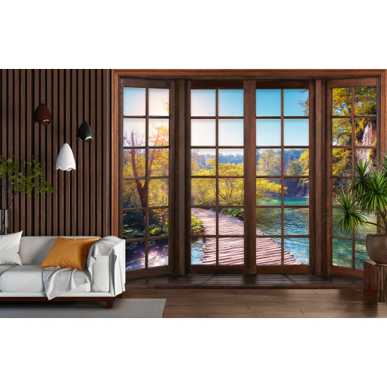 Optical Illusion Panoramic Wood Window Wall Mural / Wallpaper - Waterfall pontoon