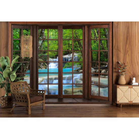 Optical Illusion Panoramic Wood Window Wall Mural / Wallpaper - Waterfalls