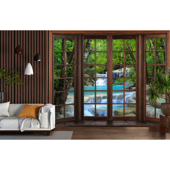 Optical Illusion Panoramic Wood Window Wall Mural / Wallpaper - Waterfalls