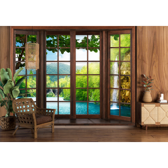 Optical Illusion Panoramic Wood Window Wall Mural / Wallpaper - Waterfalls