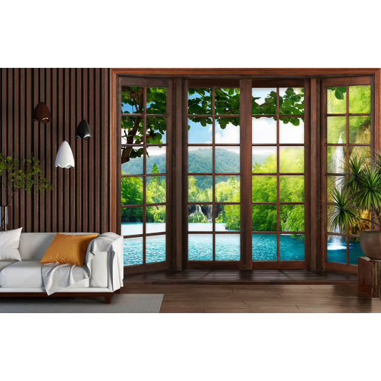 Optical Illusion Panoramic Wood Window Wall Mural / Wallpaper - Waterfalls