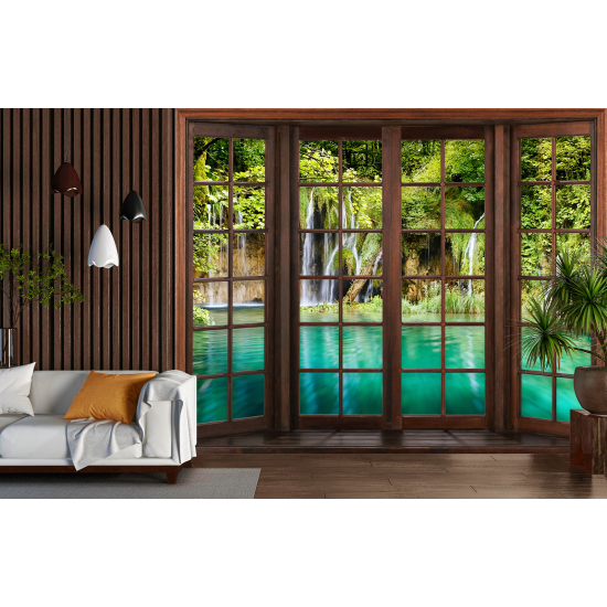 Optical Illusion Panoramic Wood Window Wall Mural / Wallpaper - Waterfalls