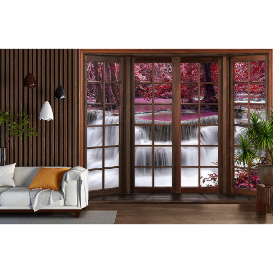 Optical Illusion Panoramic Wood Window Wall Mural / Wallpaper - Waterfalls