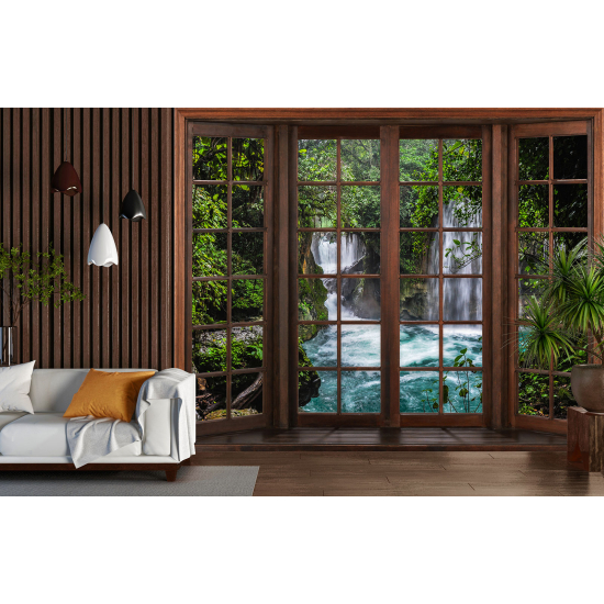 Optical Illusion Panoramic Wood Window Wall Mural / Wallpaper - Waterfalls