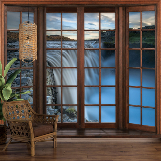 Optical Illusion Panoramic Wood Window Wall Mural / Wallpaper - Waterfalls