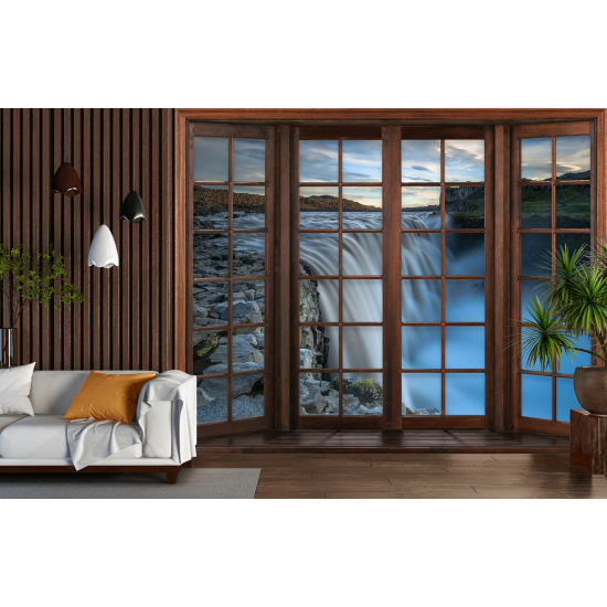 Optical Illusion Panoramic Wood Window Wall Mural / Wallpaper - Waterfalls