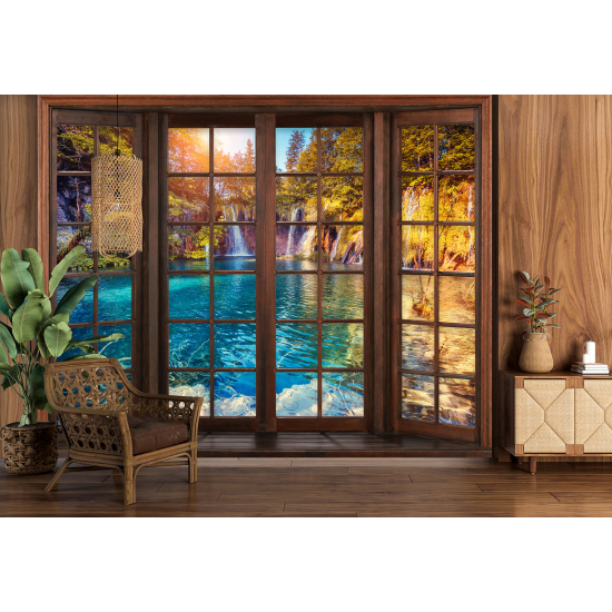 Optical Illusion Panoramic Wood Window Wall Mural / Wallpaper - Waterfalls