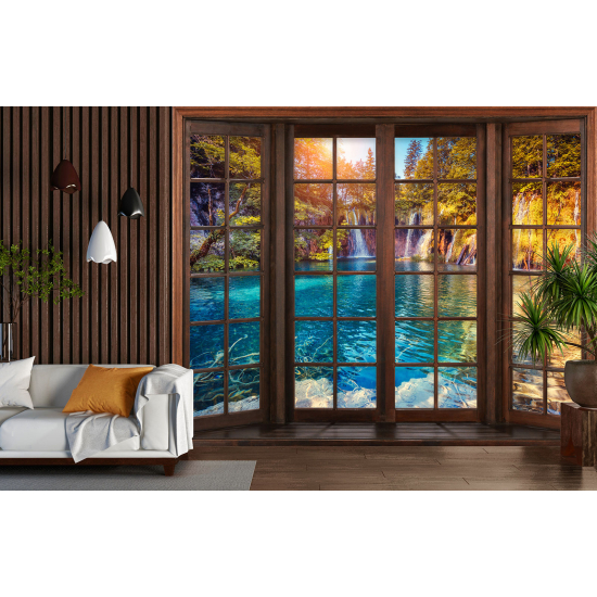 Optical Illusion Panoramic Wood Window Wall Mural / Wallpaper - Waterfalls