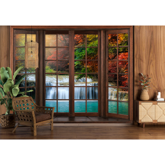 Optical Illusion Panoramic Wood Window Wall Mural / Wallpaper - Waterfalls