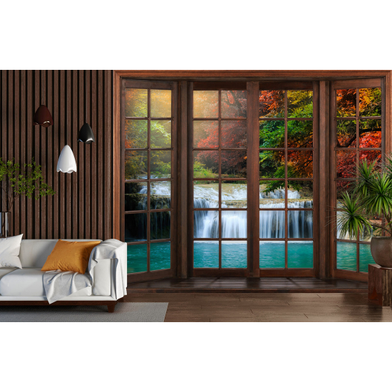 Optical Illusion Panoramic Wood Window Wall Mural / Wallpaper - Waterfalls