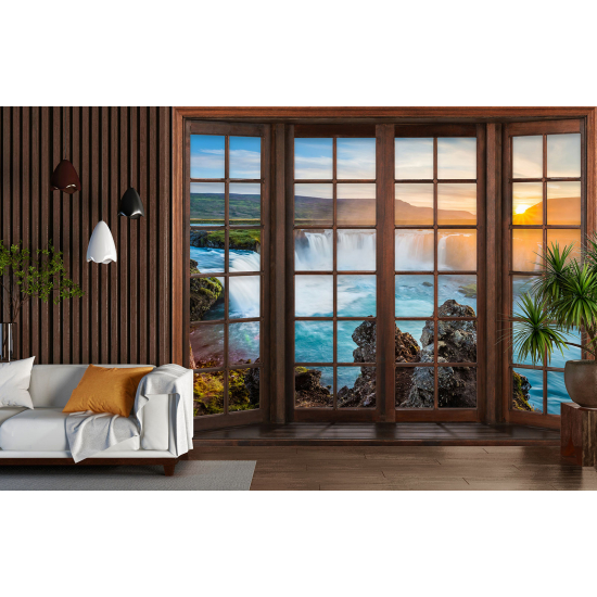 Optical Illusion Panoramic Wood Window Wall Mural / Wallpaper - Waterfalls