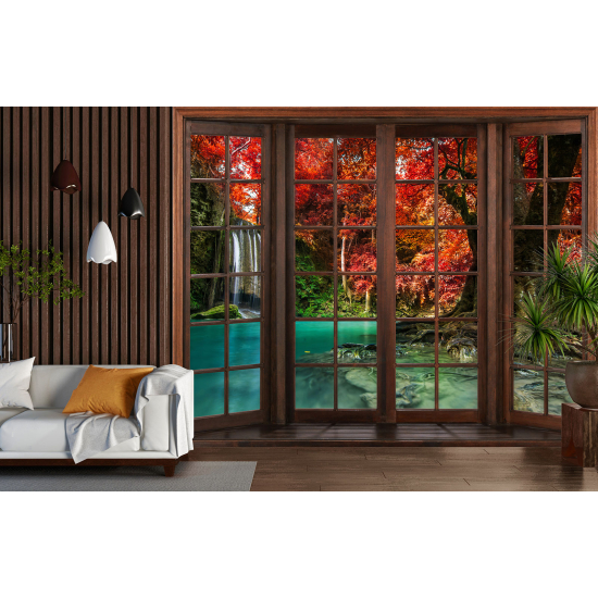 Optical Illusion Panoramic Wood Window Wall Mural / Wallpaper - Waterfalls