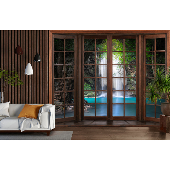 Optical Illusion Panoramic Wood Window Wall Mural / Wallpaper - Waterfalls