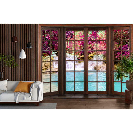 Optical Illusion Panoramic Wood Window Wall Mural / Wallpaper - Waterfalls