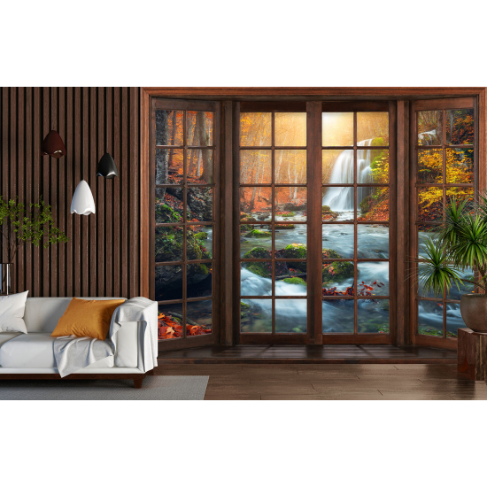 Optical Illusion Panoramic Wood Window Wall Mural / Wallpaper - Waterfalls