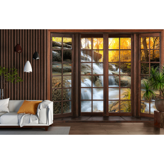 Optical Illusion Panoramic Wood Window Wall Mural / Wallpaper - Waterfalls