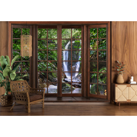 Optical Illusion Panoramic Wood Window Wall Mural / Wallpaper - Waterfalls