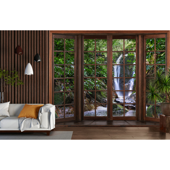 Optical Illusion Panoramic Wood Window Wall Mural / Wallpaper - Waterfalls