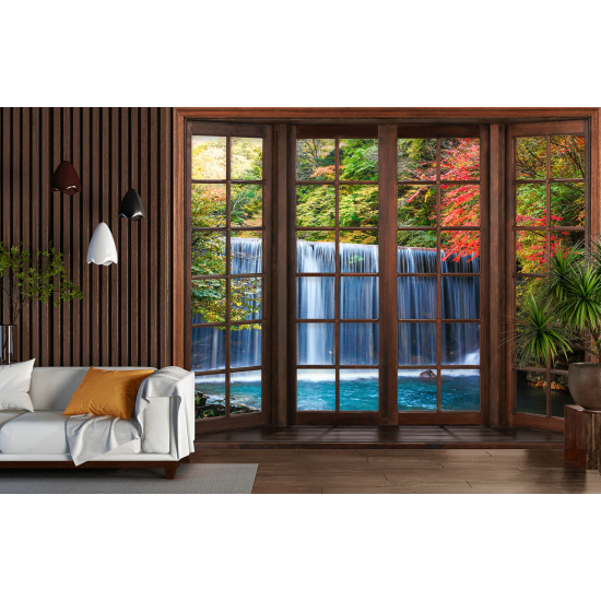 Optical Illusion Panoramic Wood Window Wall Mural / Wallpaper - Waterfalls