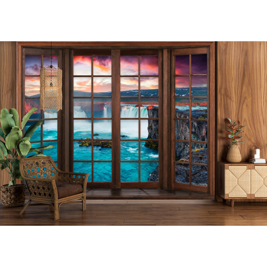 Optical Illusion Panoramic Wood Window Wall Mural / Wallpaper - Waterfalls