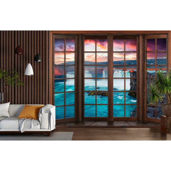 Optical Illusion Panoramic Wood Window Wall Mural / Wallpaper - Waterfalls