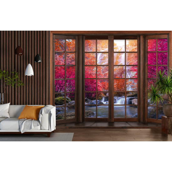 Optical Illusion Panoramic Wood Window Wall Mural / Wallpaper - Waterfalls