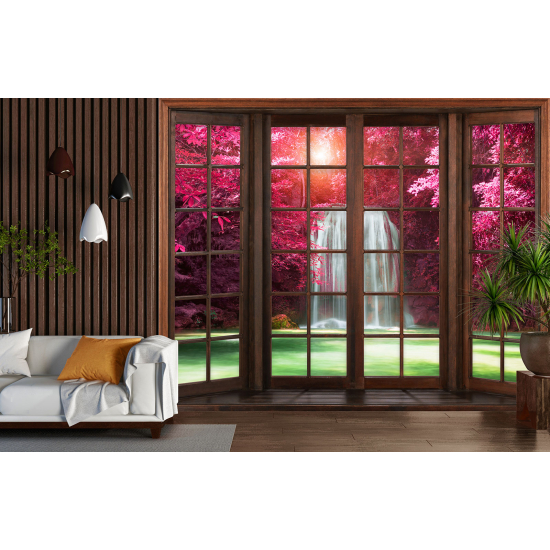 Optical Illusion Panoramic Wood Window Wall Mural / Wallpaper - Waterfalls