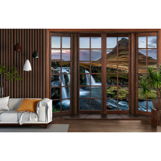 Optical Illusion Panoramic Wood Window Wall Mural / Wallpaper - Waterfalls