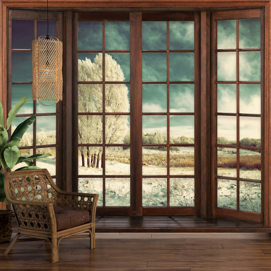 Optical Illusion Panoramic Wood Window Wall Mural / Wallpaper - Winter landscape