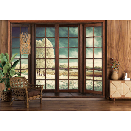 Optical Illusion Panoramic Wood Window Wall Mural / Wallpaper - Winter landscape