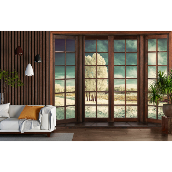 Optical Illusion Panoramic Wood Window Wall Mural / Wallpaper - Winter landscape