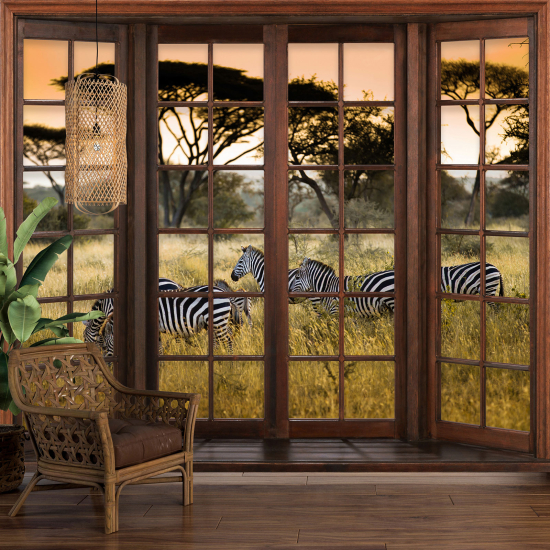 Optical Illusion Panoramic Wood Window Wall Mural / Wallpaper - Zebras