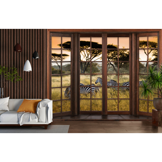 Optical Illusion Panoramic Wood Window Wall Mural / Wallpaper - Zebras